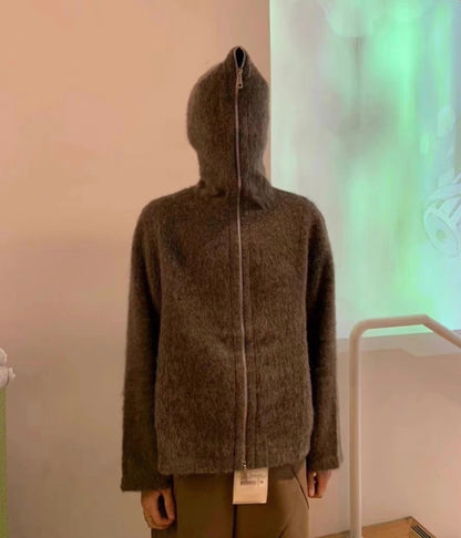 Our Legacy Grey Mohair Zip Cardigan – Wool Blend Relaxed Hooded Knit