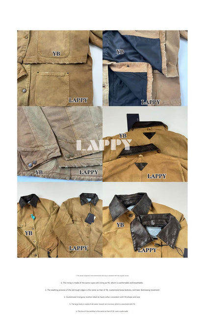 24SS Goatskin Patchwork Workwear Jacket with Leather Collar-Oversized Silhouette
