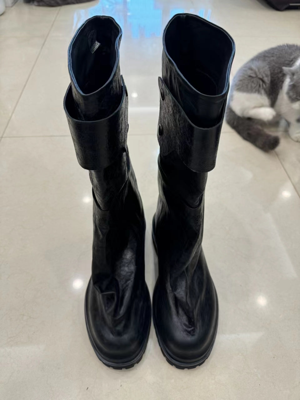 424 Distressed Leather Slouch Boots Oversized Crinkled Biker High Boots