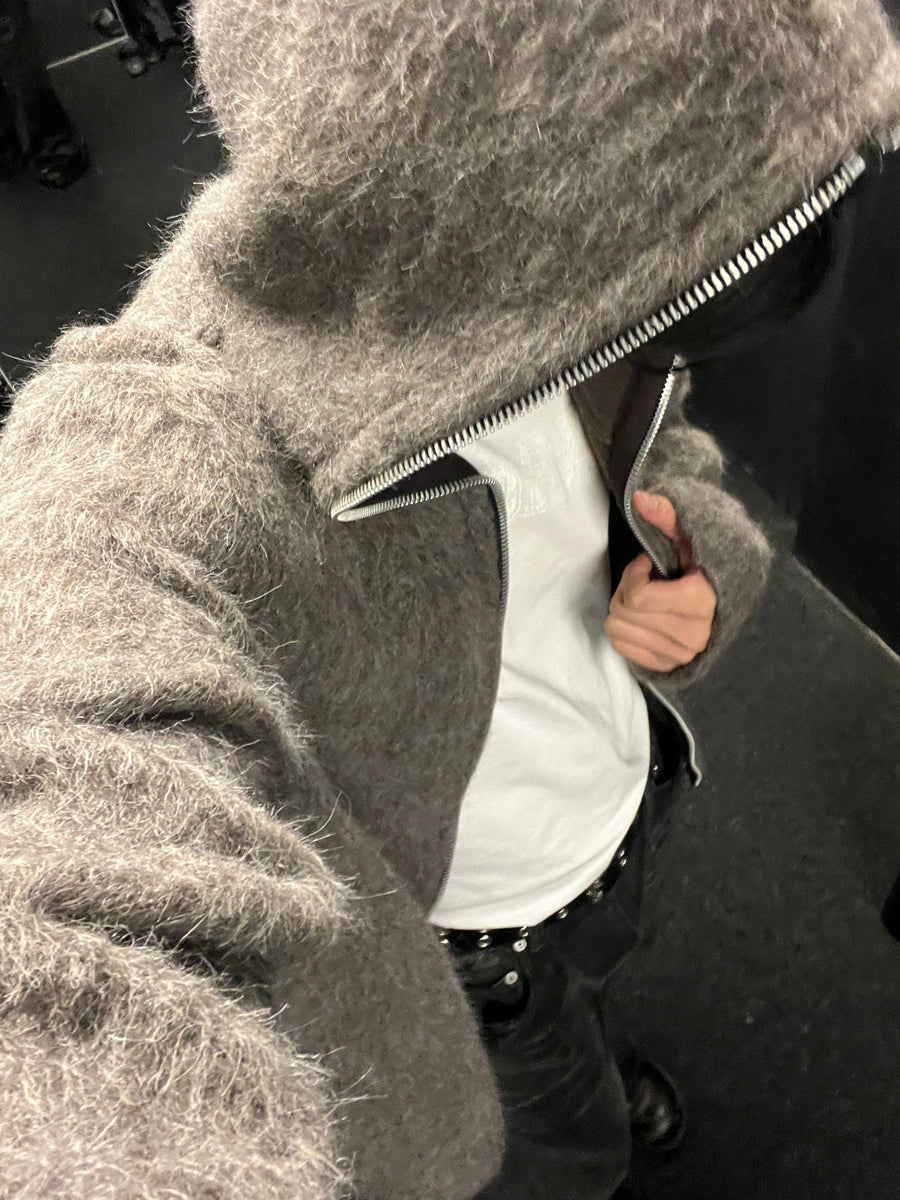 Our Legacy Grey Mohair Zip Cardigan – Wool Blend Relaxed Hooded Knit