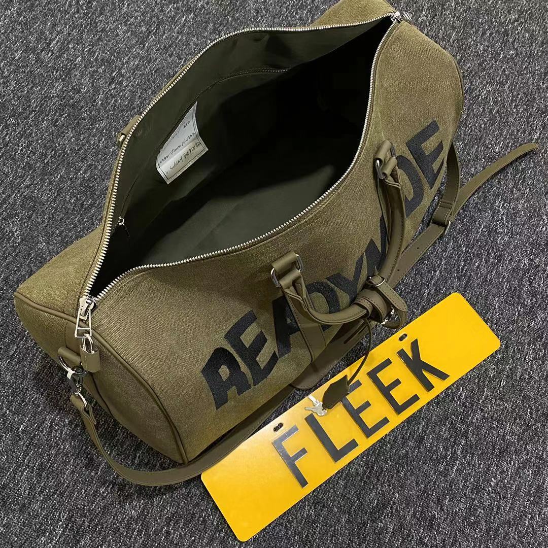 Readymade Overnight Bag - Army Green Canvas Embroidered Travel Bucket Gym Bag - Green