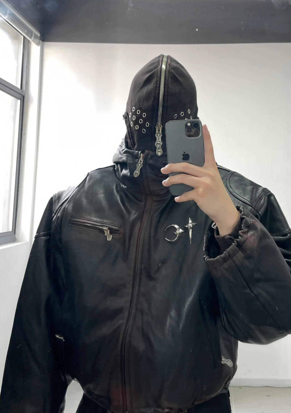 Thug Club Heavyweight Washed Goatskin Hooded Leather Short Padded Jacket