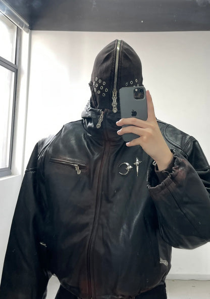 Thug Club Heavyweight Washed Goatskin Hooded Leather Short Padded Jacket