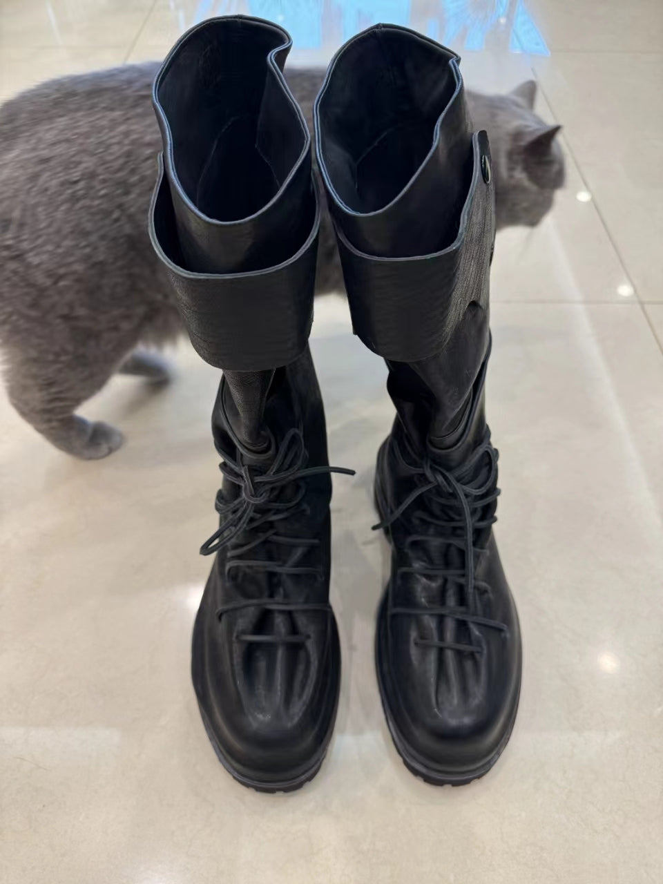 424 Distressed Leather Slouch Boots Oversized Crinkled Biker High Boots