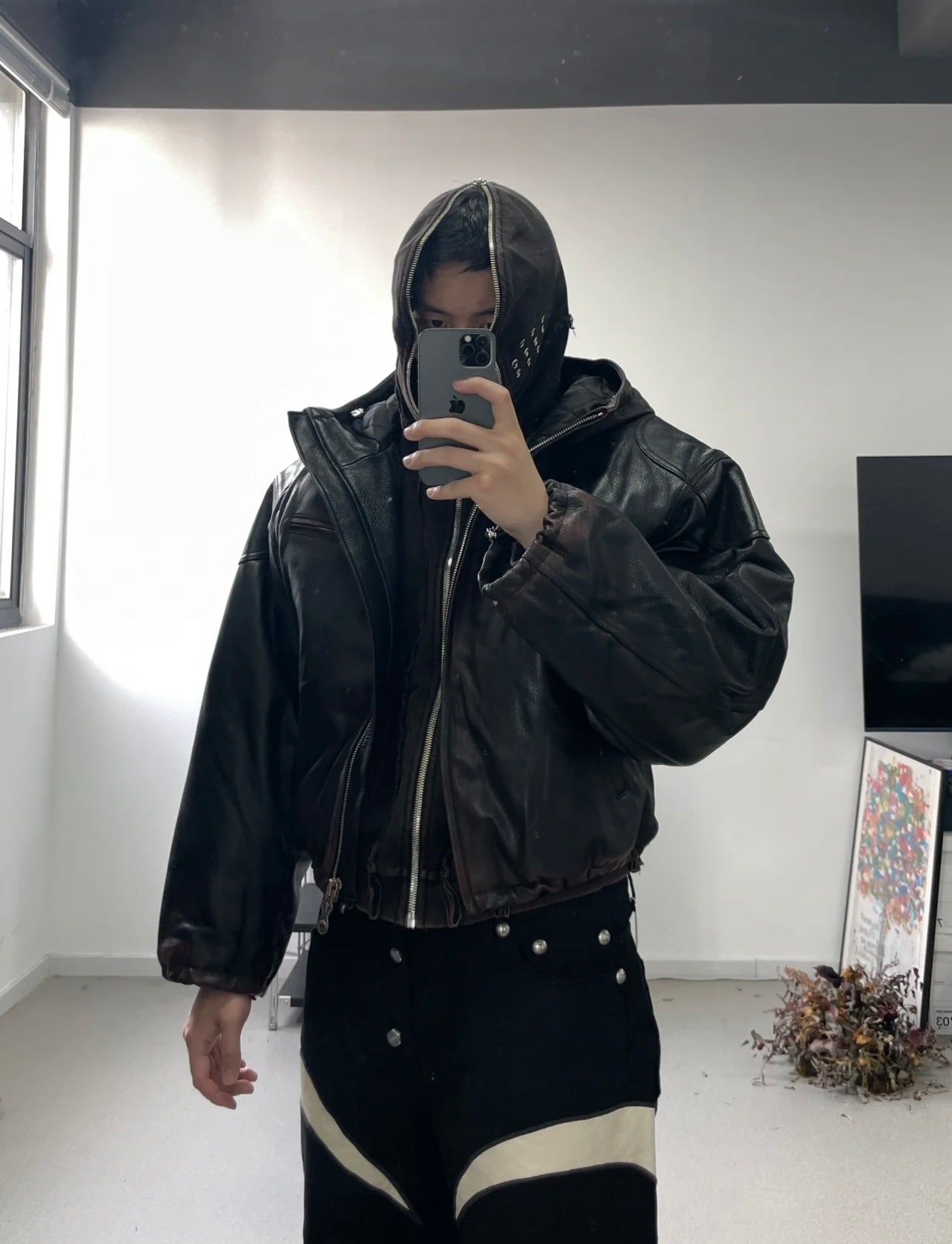 Thug Club Heavyweight Washed Goatskin Hooded Leather Short Padded Jacket