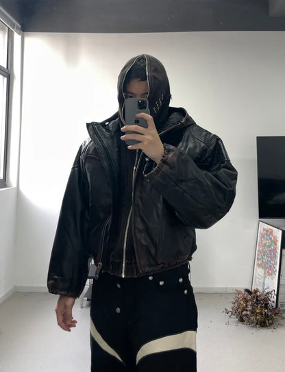 Thug Club Heavyweight Washed Goatskin Hooded Leather Short Padded Jacket