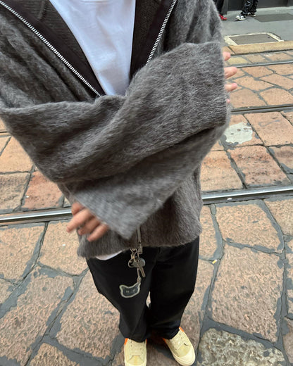 Our Legacy Grey Mohair Zip Cardigan – Wool Blend Relaxed Hooded Knit