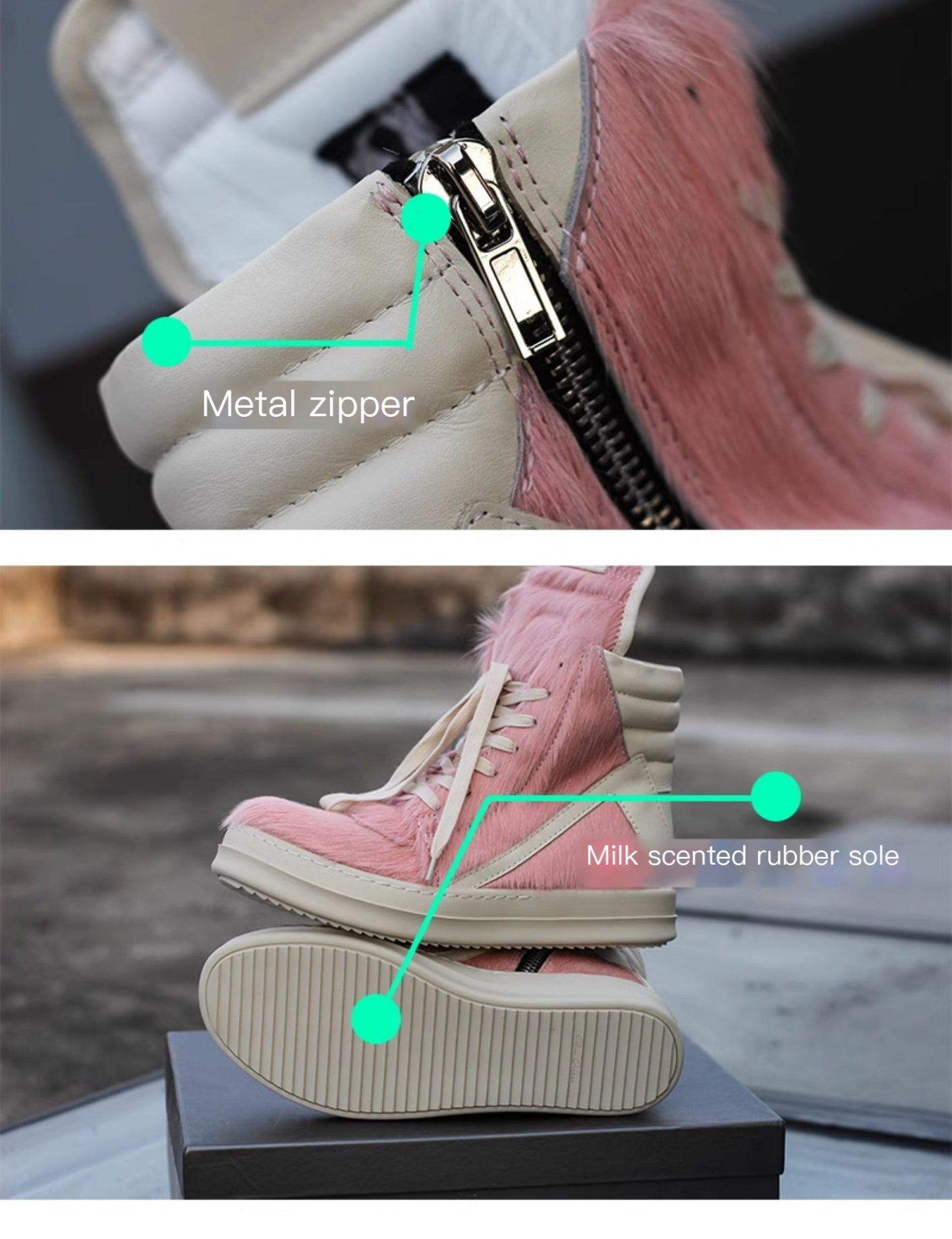 24SS Pony Hair RO High-Top Sneakers – Leather Thick Sole Casual Shoes Unisex