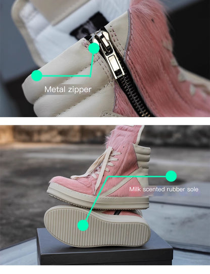 24SS Pony Hair RO High-Top Sneakers – Leather Thick Sole Casual Shoes Unisex