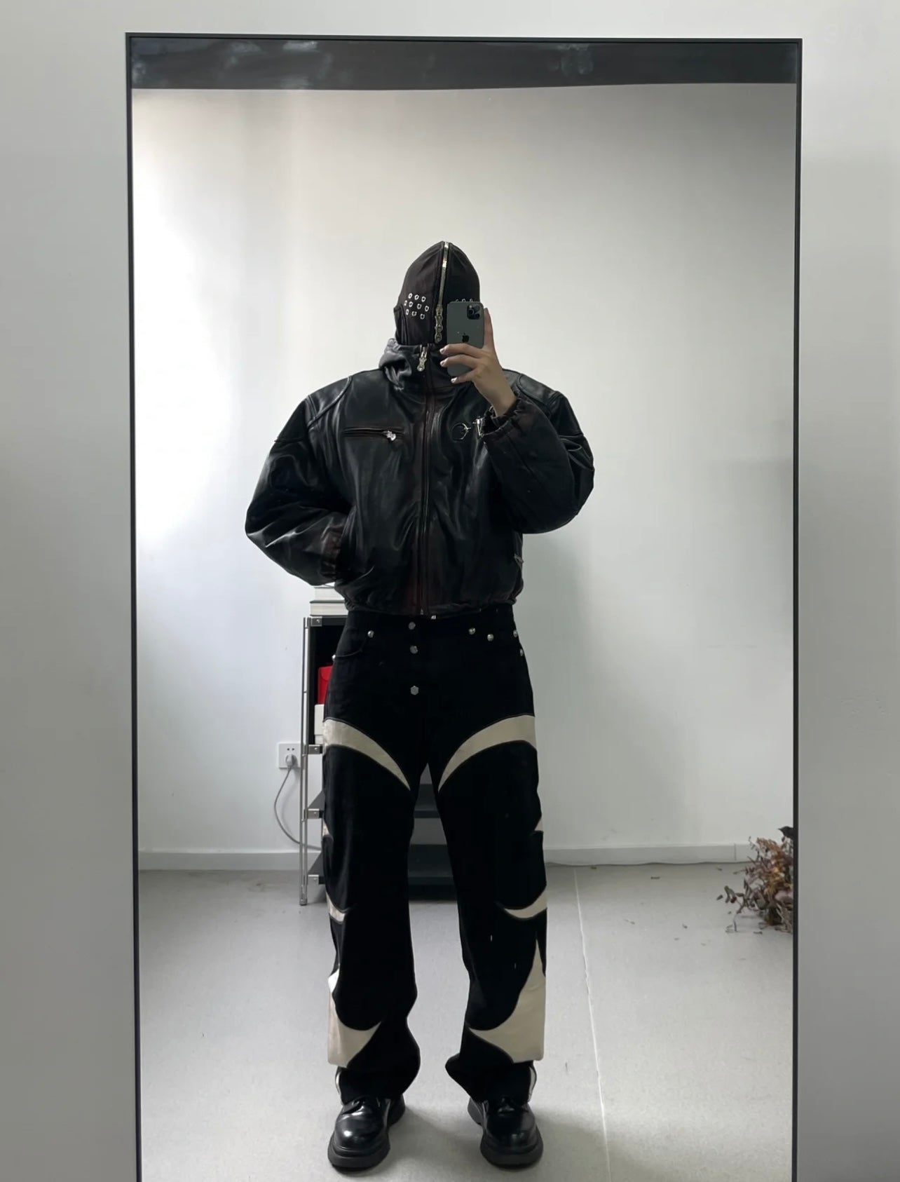Thug Club Heavyweight Washed Goatskin Hooded Leather Short Padded Jacket