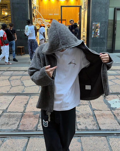 Our Legacy Grey Mohair Zip Cardigan – Wool Blend Relaxed Hooded Knit