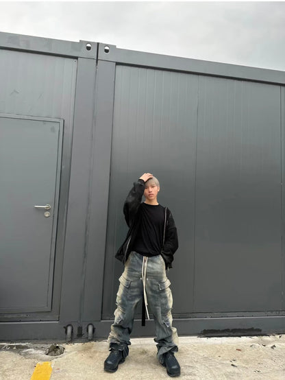 Ro Washed Gradient Multi-Pocket Cargo Jeans Straight Drawstring Wide-Leg Flare - Size avaliable S 46 M 48 L 50