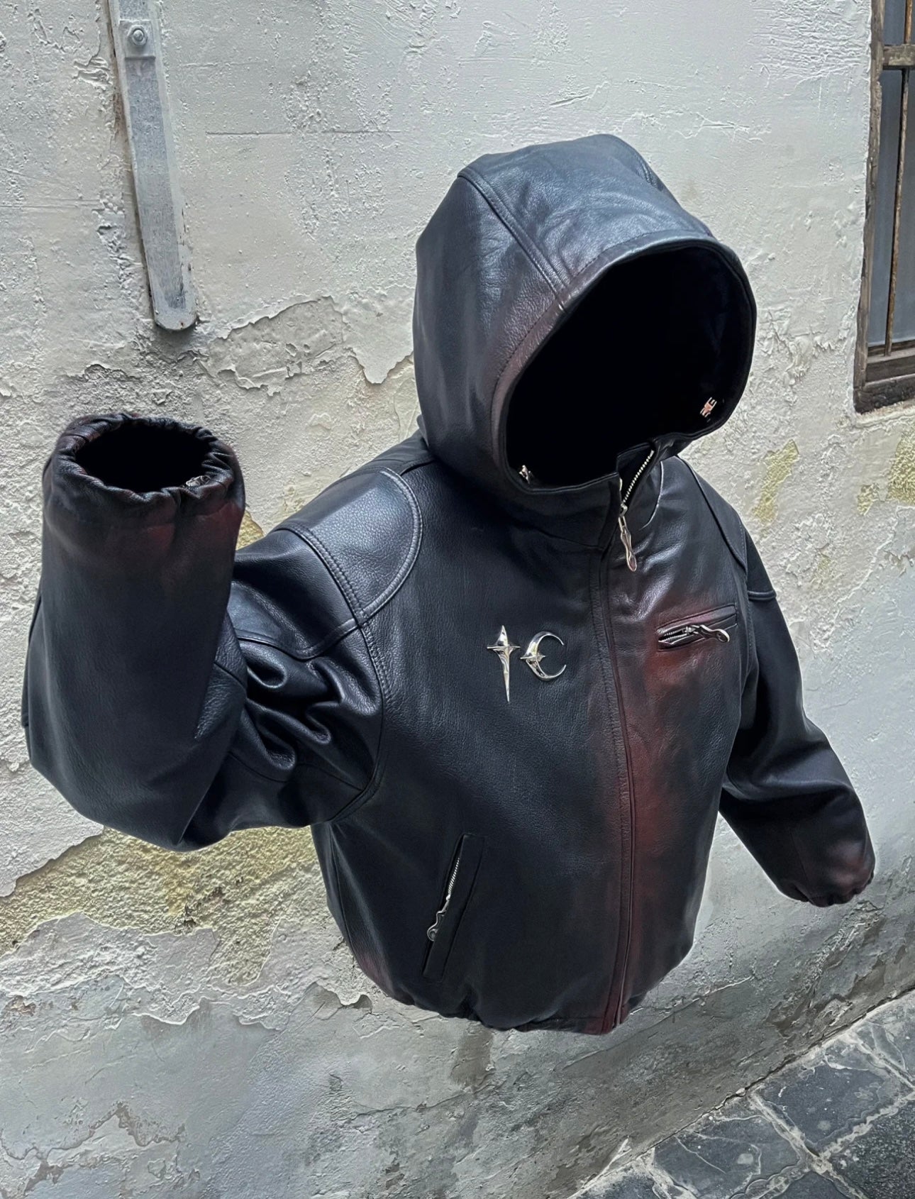 Thug Club Heavyweight Washed Goatskin Hooded Leather Short Padded Jacket