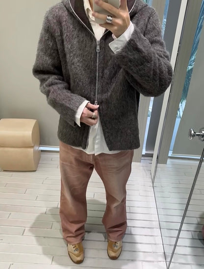 Our Legacy Grey Mohair Zip Cardigan – Wool Blend Relaxed Hooded Knit