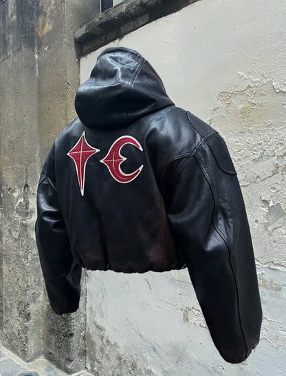 Thug Club Heavyweight Washed Goatskin Hooded Leather Short Padded Jacket