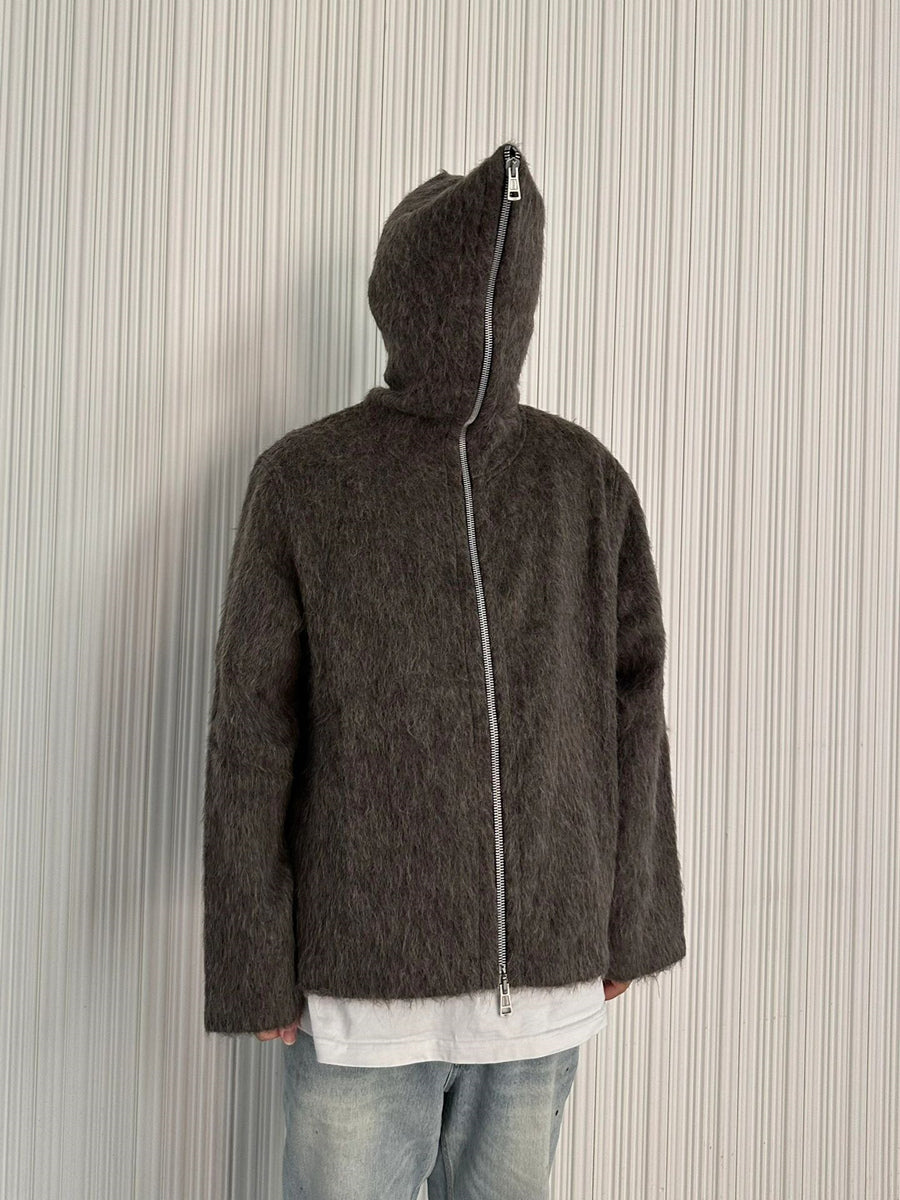 Our Legacy Grey Mohair Zip Cardigan – Wool Blend Relaxed Hooded Knit