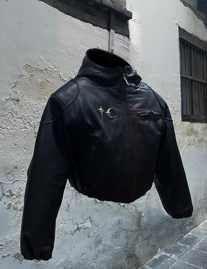 Thug Club Heavyweight Washed Goatskin Hooded Leather Short Padded Jacket