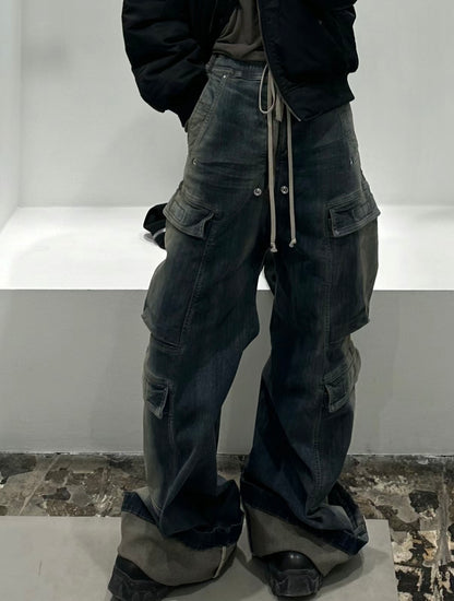 Ro Washed Gradient Multi-Pocket Cargo Jeans Straight Drawstring Wide-Leg Flare - Size avaliable S 46 M 48 L 50