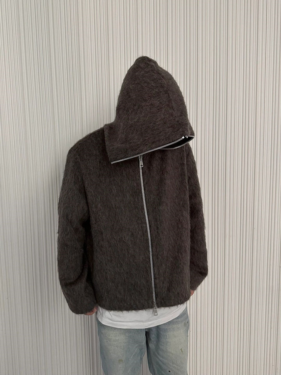 Our Legacy Grey Mohair Zip Cardigan – Wool Blend Relaxed Hooded Knit