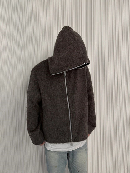 Our Legacy Grey Mohair Zip Cardigan – Wool Blend Relaxed Hooded Knit