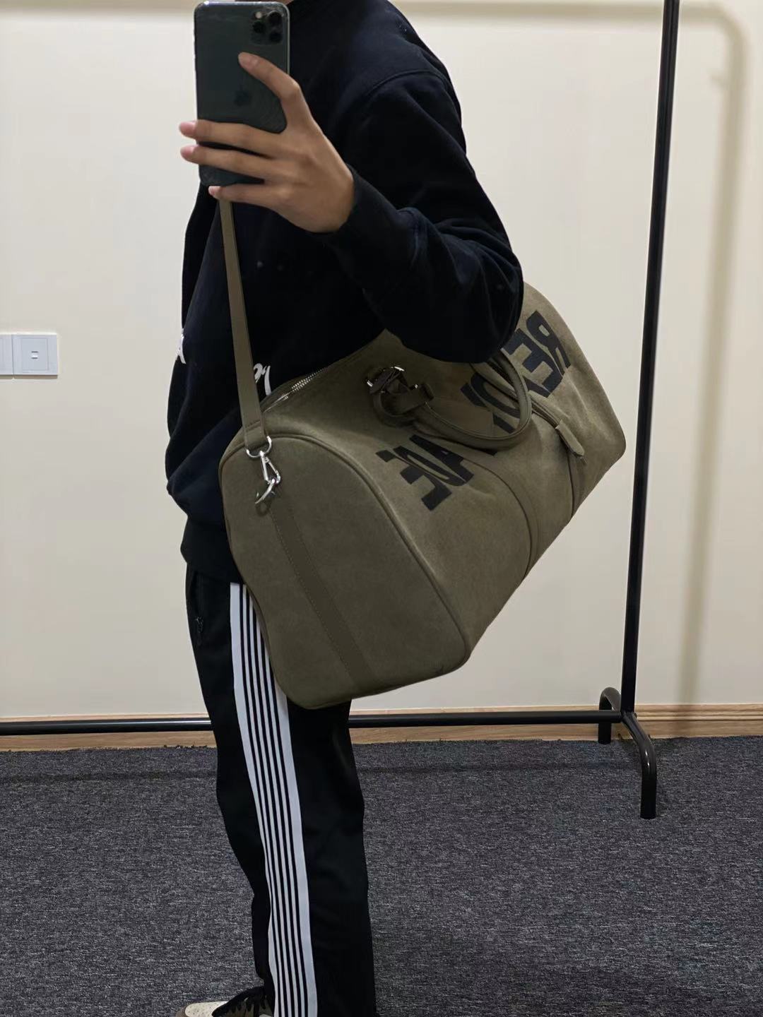 Readymade Overnight Bag - Army Green Canvas Embroidered Travel Bucket Gym Bag - Green