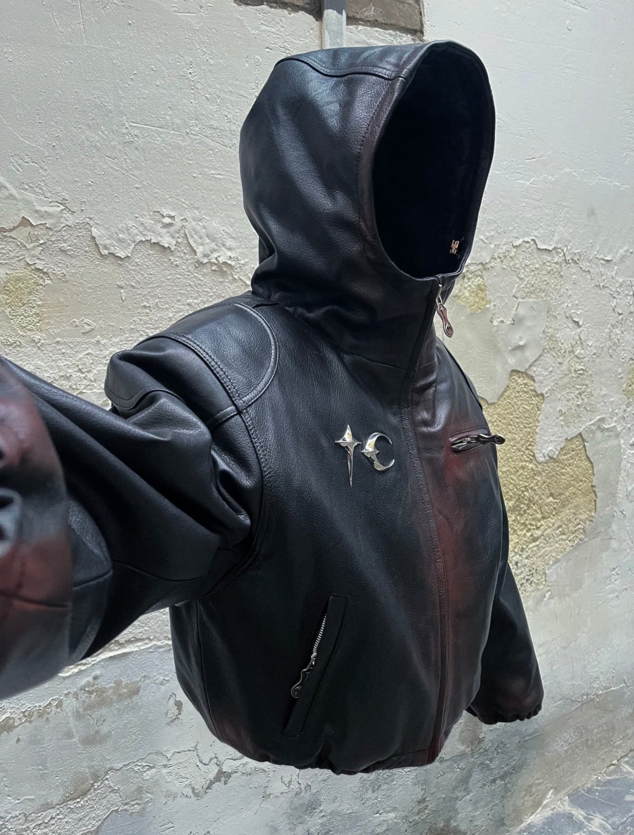 Thug Club Heavyweight Washed Goatskin Hooded Leather Short Padded Jacket