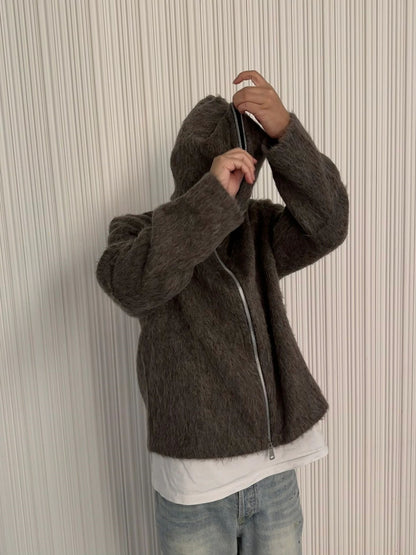 Our Legacy Grey Mohair Zip Cardigan – Wool Blend Relaxed Hooded Knit
