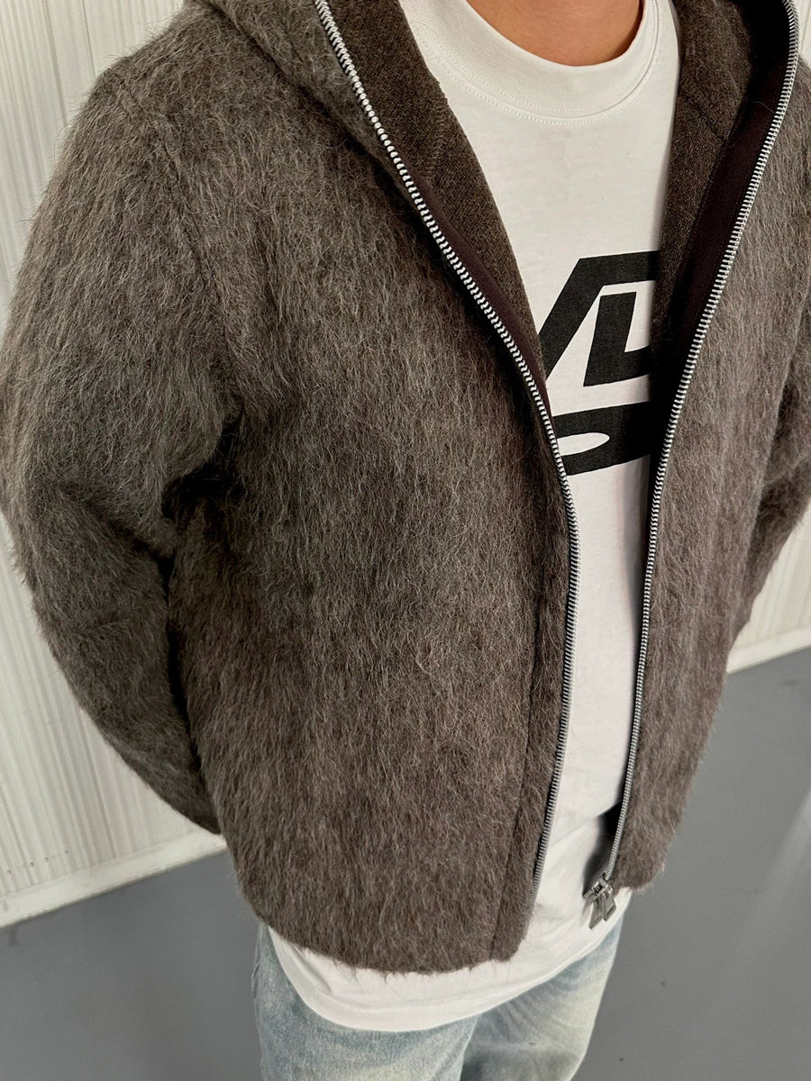 Our Legacy Grey Mohair Zip Cardigan – Wool Blend Relaxed Hooded Knit