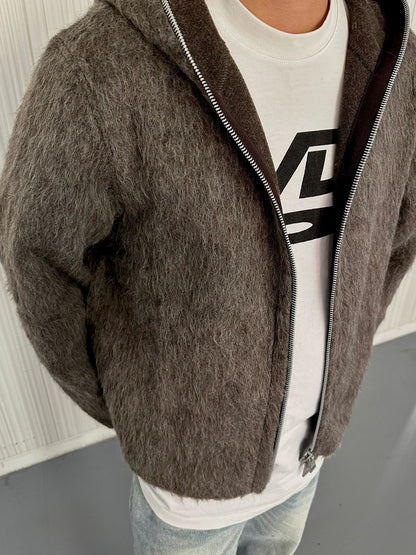 Our Legacy Grey Mohair Zip Cardigan – Wool Blend Relaxed Hooded Knit
