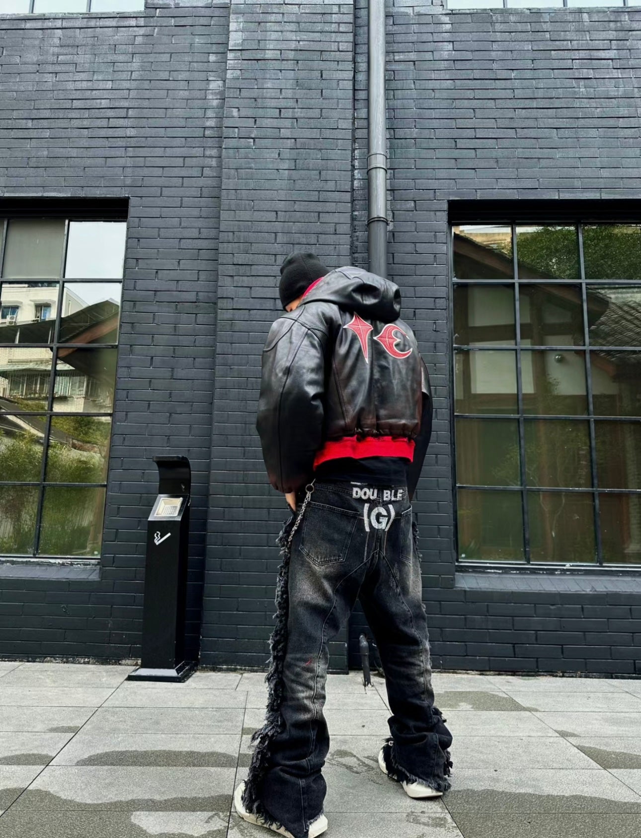 Thug Club Heavyweight Washed Goatskin Hooded Leather Short Padded Jacket