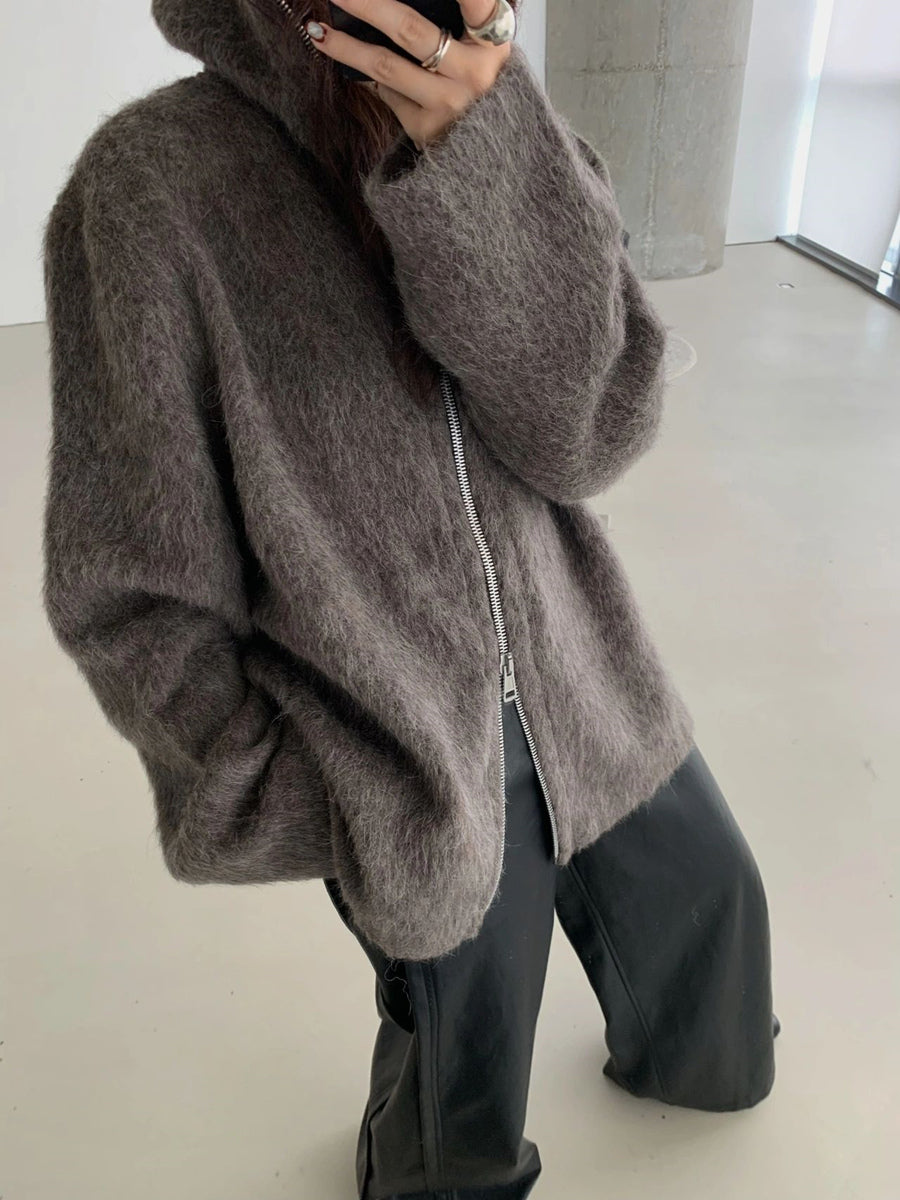Our Legacy Grey Mohair Zip Cardigan – Wool Blend Relaxed Hooded Knit