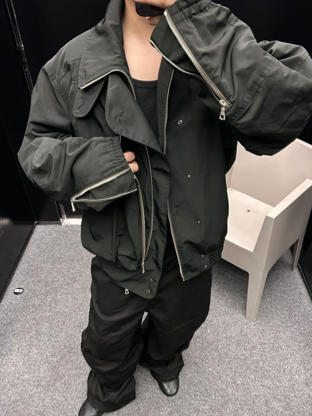 DVN AW24 Asymmetric Cocoon Zip Jacket - Nylon Utility Pants Set Oversized Pocket