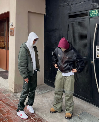 Thug Club Heavyweight Washed Goatskin Hooded Leather Short Padded Jacket