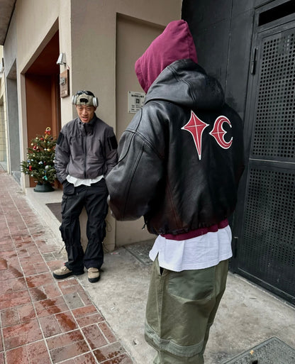 Thug Club Heavyweight Washed Goatskin Hooded Leather Short Padded Jacket