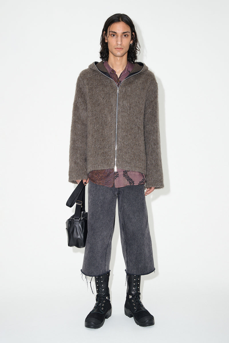 Our Legacy Grey Mohair Zip Cardigan – Wool Blend Relaxed Hooded Knit