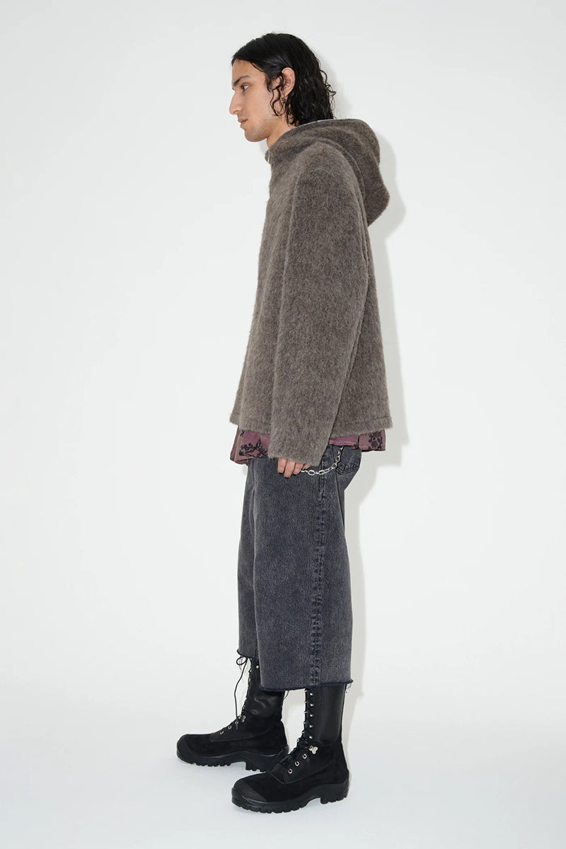 Our Legacy Grey Mohair Zip Cardigan – Wool Blend Relaxed Hooded Knit