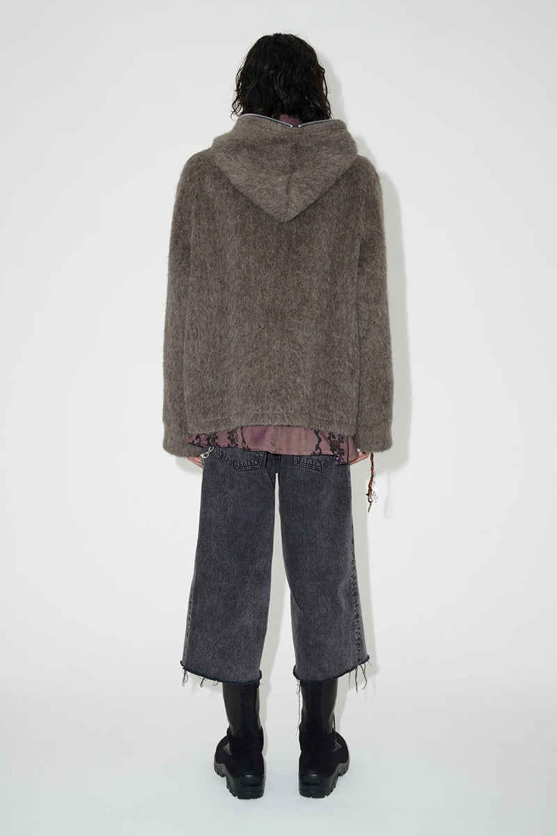 Our Legacy Grey Mohair Zip Cardigan – Wool Blend Relaxed Hooded Knit