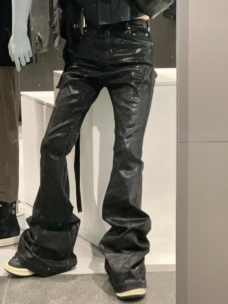 Rick Owen ACBT Dark Waxed Black Denim Pants – High Stretch Flared Wide-Leg Trousers - Size avaliable 28~34