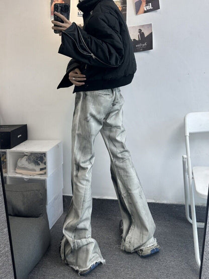 High Street RO Rick Owens Dirty Color Gradient Flare Jeans Distressed Retro Trousers - Size avaliable S ~ XXL