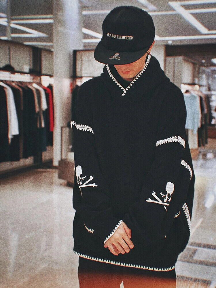 Mastermind Scalloped Edge 500g Heavyweight Hoodie - Wheat Ear Skull Embroidery - donclickin
