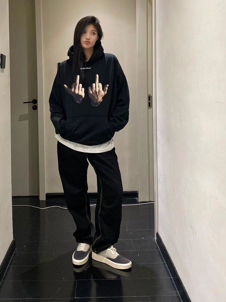 Rock Plan Cotton Hoodie Friendly Gesture Print Featuring Middle Finger Graphic