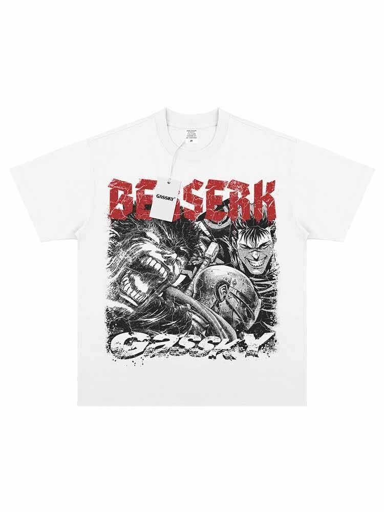 Berserk Guts The Black Swordsman Vintage Anime Print Tee Washed Short Sleeve - White / S