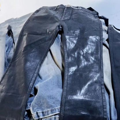 RO Rick Owen Wax-Coated Handcrafted Denim Jeans Slim Flare Stretch Leanfit Wokkvibe 91YI