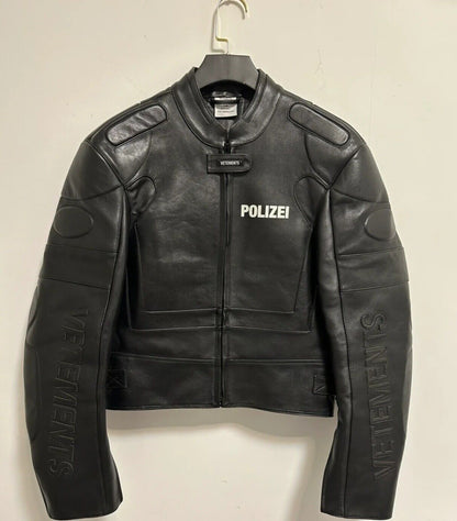 Vetements Motorcycle Leather Jacket Polizei Wild Man Biker Letter Print