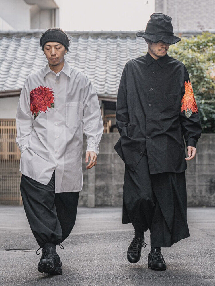 Yohji Yamamoto Red Dahlia Shirt Floral Embroidery Loose Fit Long Sleeve Shirt