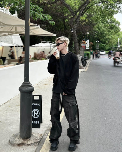 RO Rick Owens Washed Ash Gray Gradient Pocket Workwear Straight Wide Drawstring Jeans - Size avaliable S ~ L