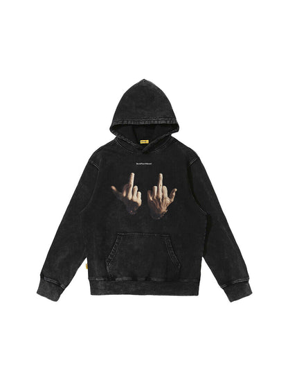 Rock Plan Cotton Hoodie Friendly Gesture Print Featuring Middle Finger Graphic