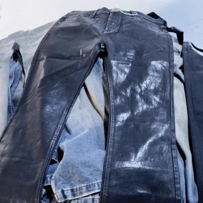 RO Rick Owen Wax-Coated Handcrafted Denim Jeans Slim Flare Stretch Leanfit Wokkvibe 91YI