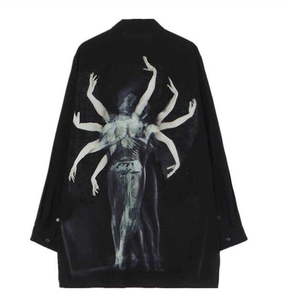 Yohji Yamamoto 23ss Asura Unisex Overlape Print Top Black Long Loose Shirt