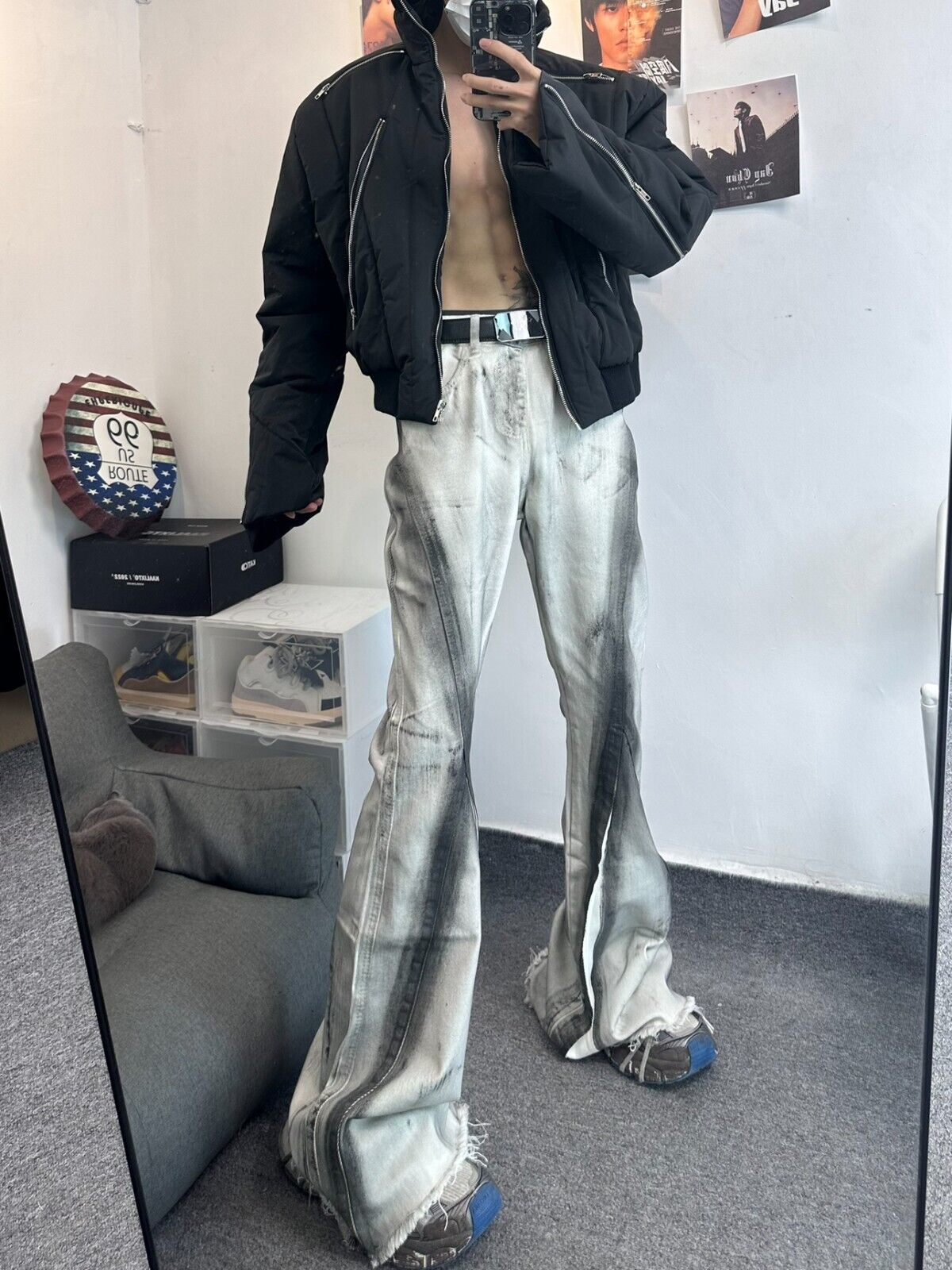 High Street RO Rick Owens Dirty Color Gradient Flare Jeans Distressed Retro Trousers - Size avaliable S ~ XXL